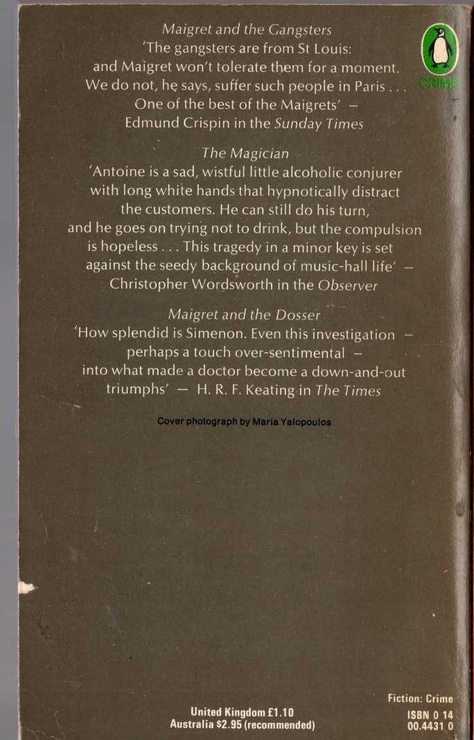 Georges Simenon  THE TWELFTH SIMENON OMNBUS: MAIGRET AND THE GANGSTERS/ THE MAGICIAN/ MAIGRET AND THE DOSSER magnified rear book cover image