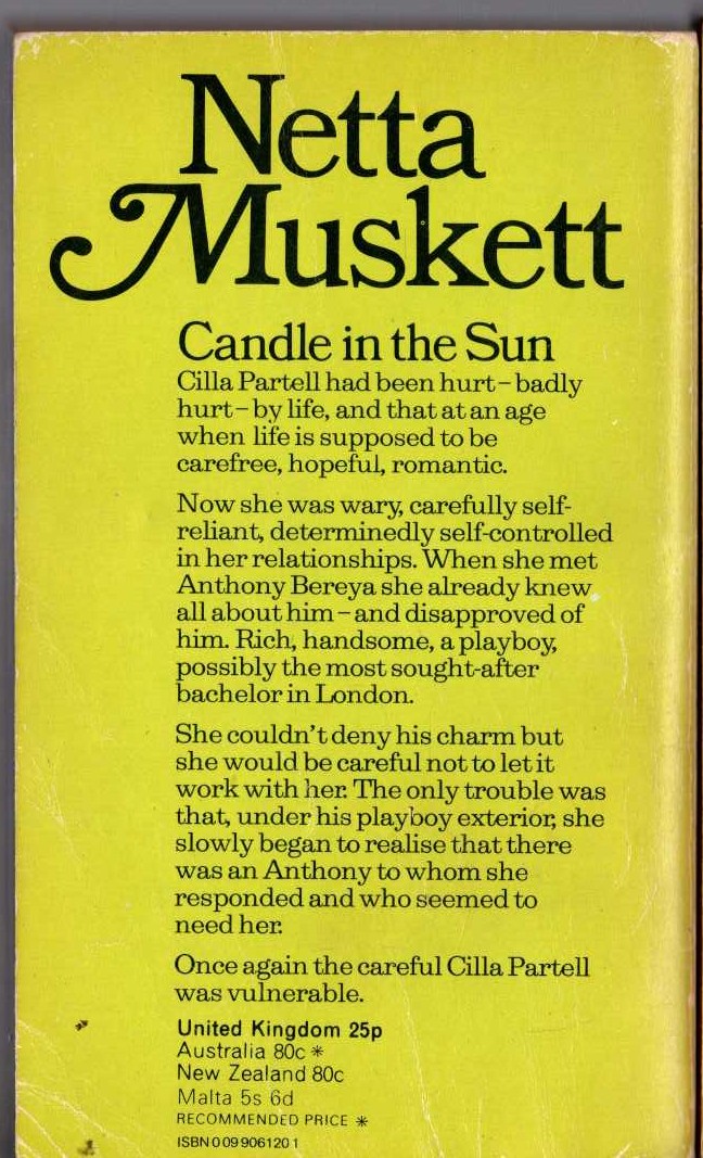 Netta Muskett  CANDLE IN THE SUN magnified rear book cover image