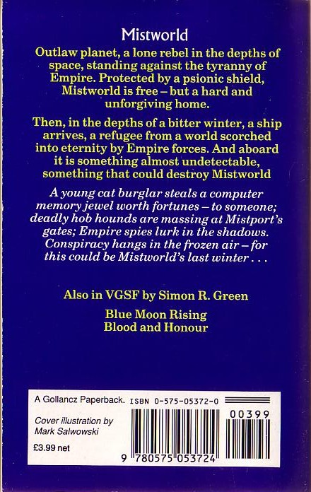 Simon R. Green  MISTWORLD magnified rear book cover image