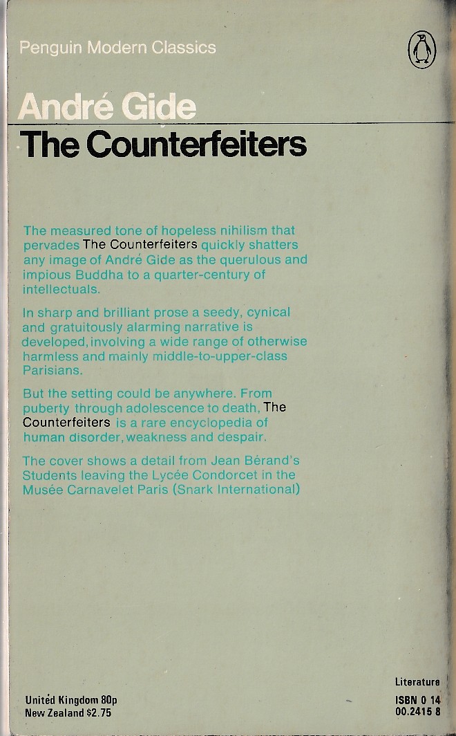 Andre Gide  THE COUNTERFEITERS magnified rear book cover image