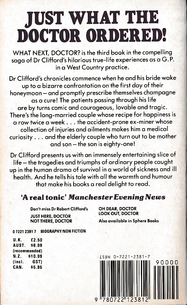 Dr.Robert Clifford  WHAT NEXT, DOCTOR? magnified rear book cover image