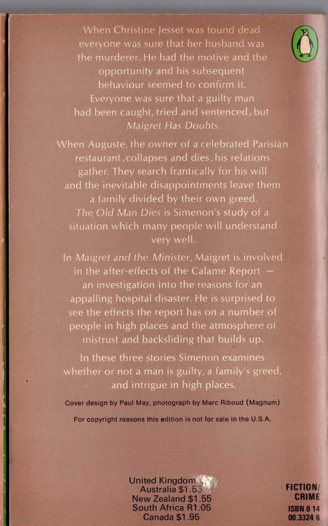 Georges Simenon  THE THIRD SIMENON OMNIBUS: MAIGRET HAS DOUBTS/ MAIGRET & THE MINISTER/ THE OLD MAN DIES magnified rear book cover image