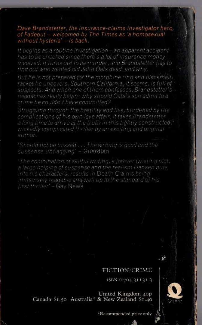 Joseph Hansen  DEATH CLAIMS magnified rear book cover image