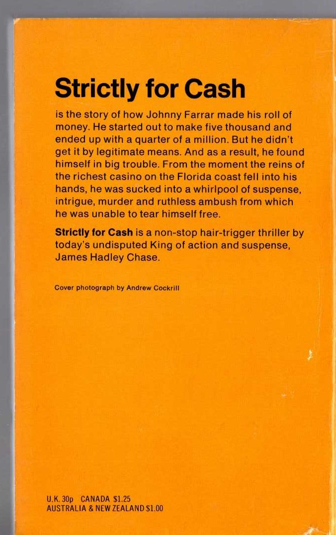 James Hadley Chase  STRICTLY FOR CASH magnified rear book cover image