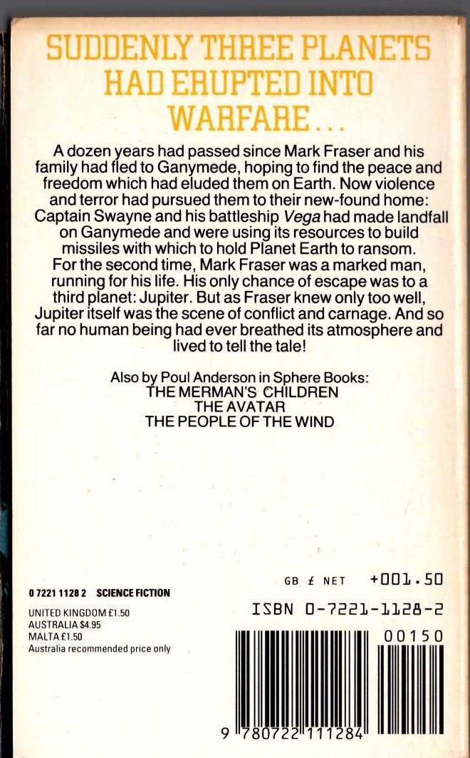 Poul Anderson  THREE WORLDS TO CONQUER magnified rear book cover image