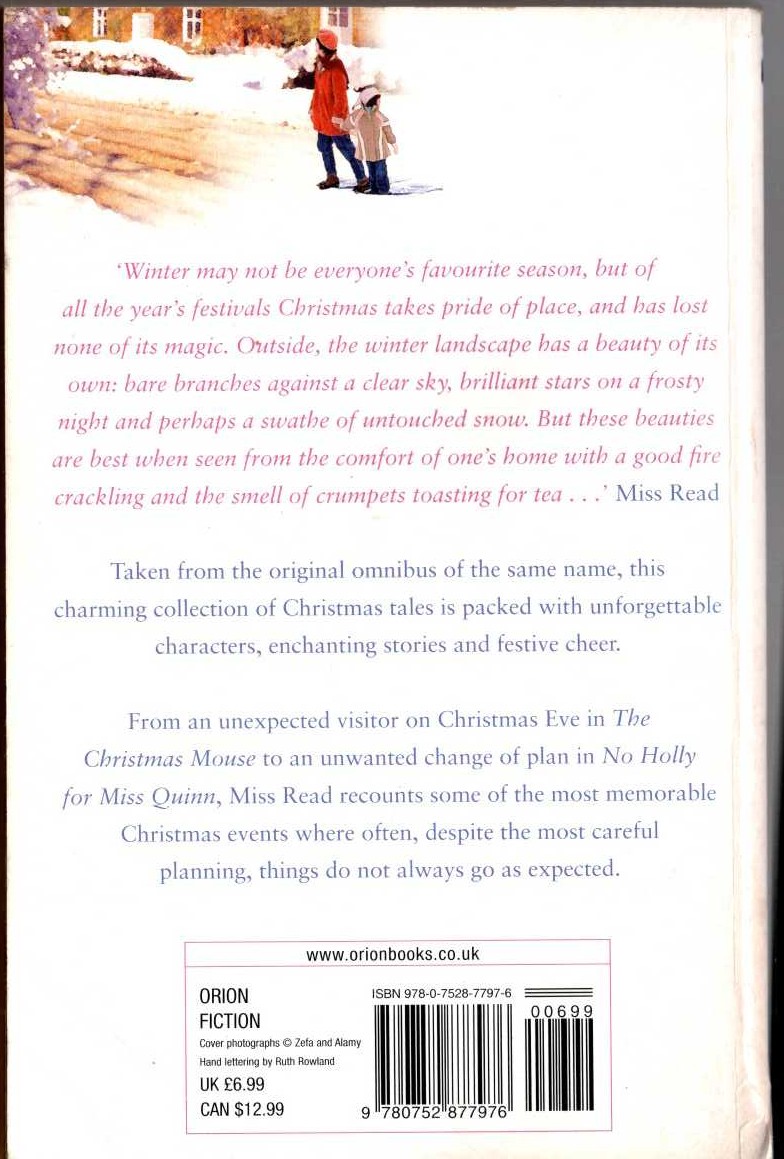 Miss Read  CHRISTMAS AT FAIRACRE plus THE CHRISTMAS MOUSE and NO HOLLY FOR MISS QUINN magnified rear book cover image