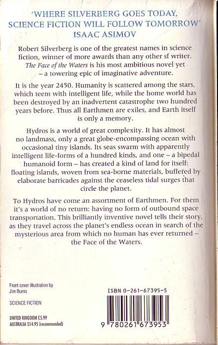Robert Silverberg  THE FACE OF THE WATERS magnified rear book cover image