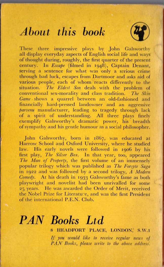 John Galsworthy  THREE PLAYS: ESCAPE plus THE ELDEST SON and THE SKIN GAME magnified rear book cover image