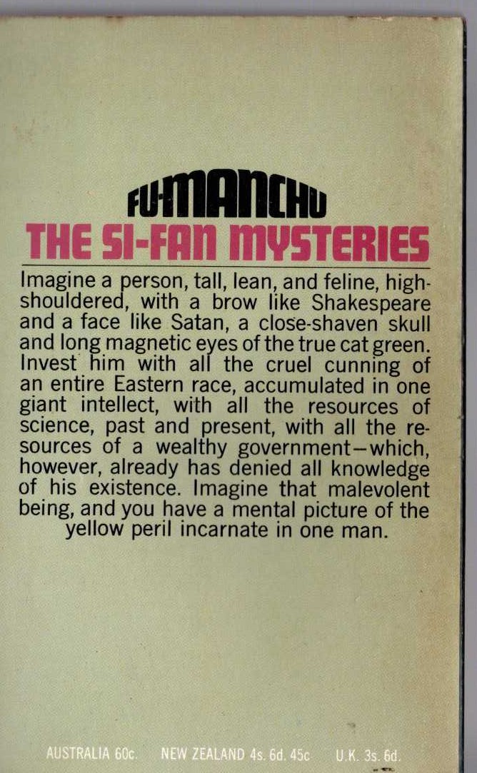 Sax Rohmer  THE SI-FAN MYSTERIES magnified rear book cover image
