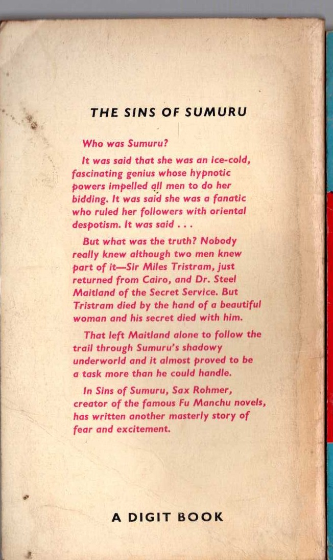 Sax Rohmer  THE SINS OF SUMURU magnified rear book cover image