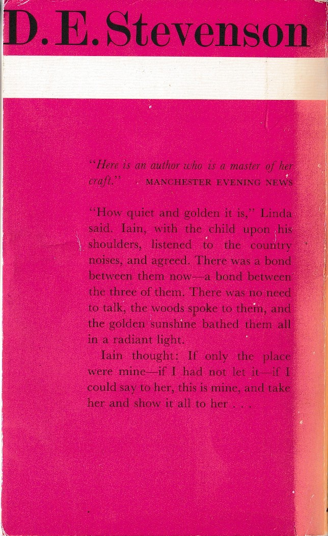 D.E. Stevenson  SMOULDERING FIRE magnified rear book cover image
