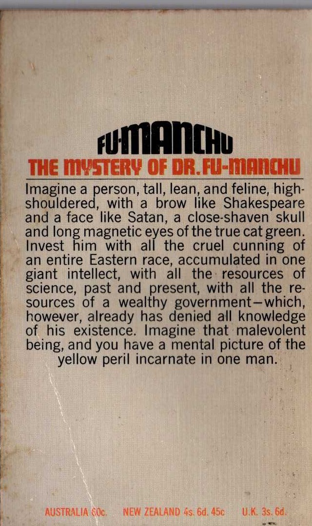 Sax Rohmer  THE MYSTERY OF DR. FU-MANCHU magnified rear book cover image