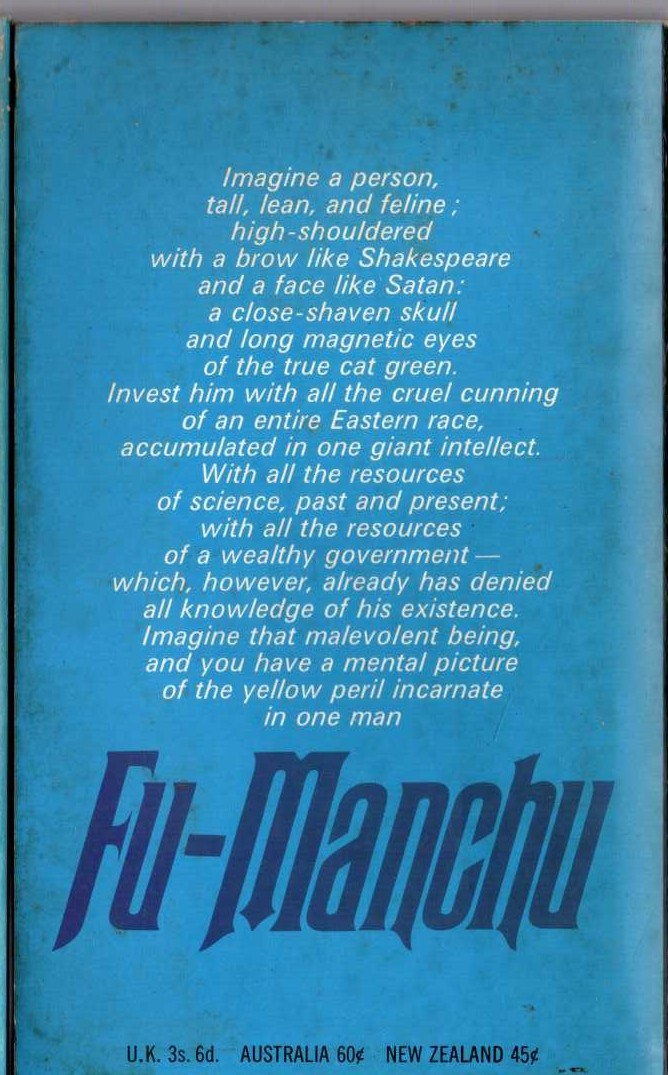 Sax Rohmer  THE ISLAND OF FU-MANCHU magnified rear book cover image