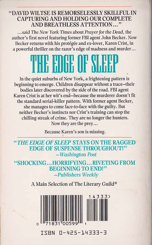 David Wiltse  THE EDGE OF SLEEP magnified rear book cover image