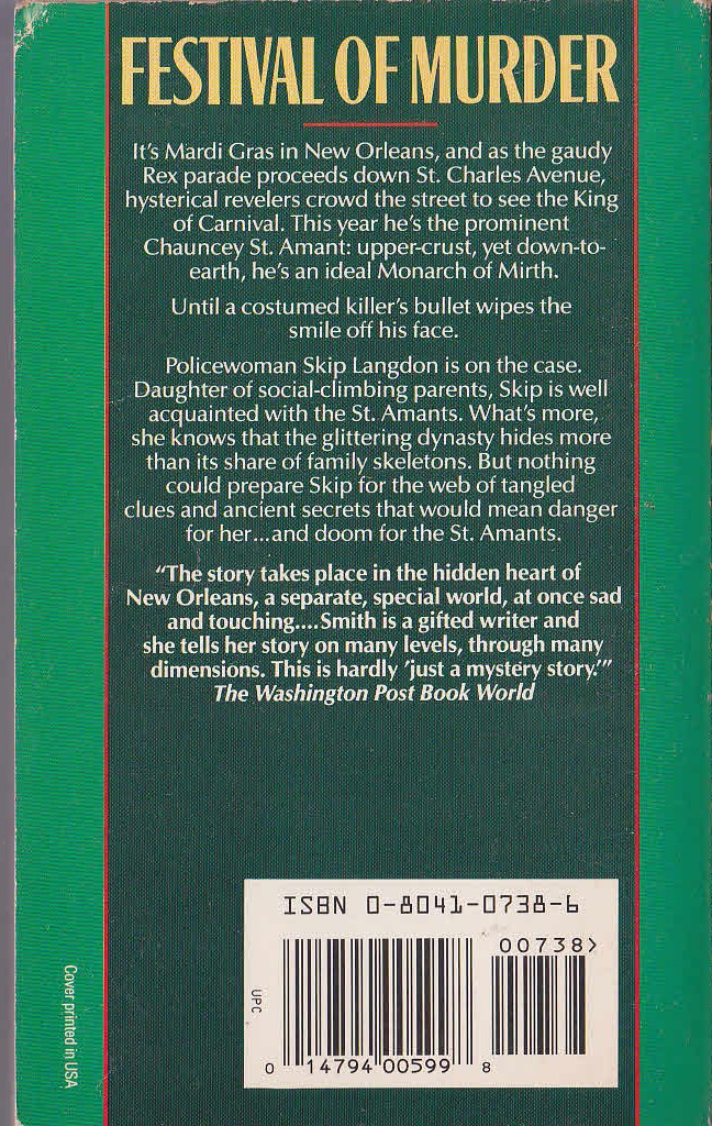 Julie Smith  NEW ORLEANS MOURNING magnified rear book cover image