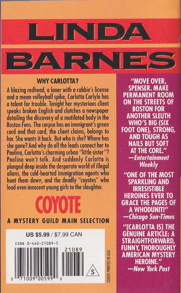 Linda Barnes  COYOTE magnified rear book cover image
