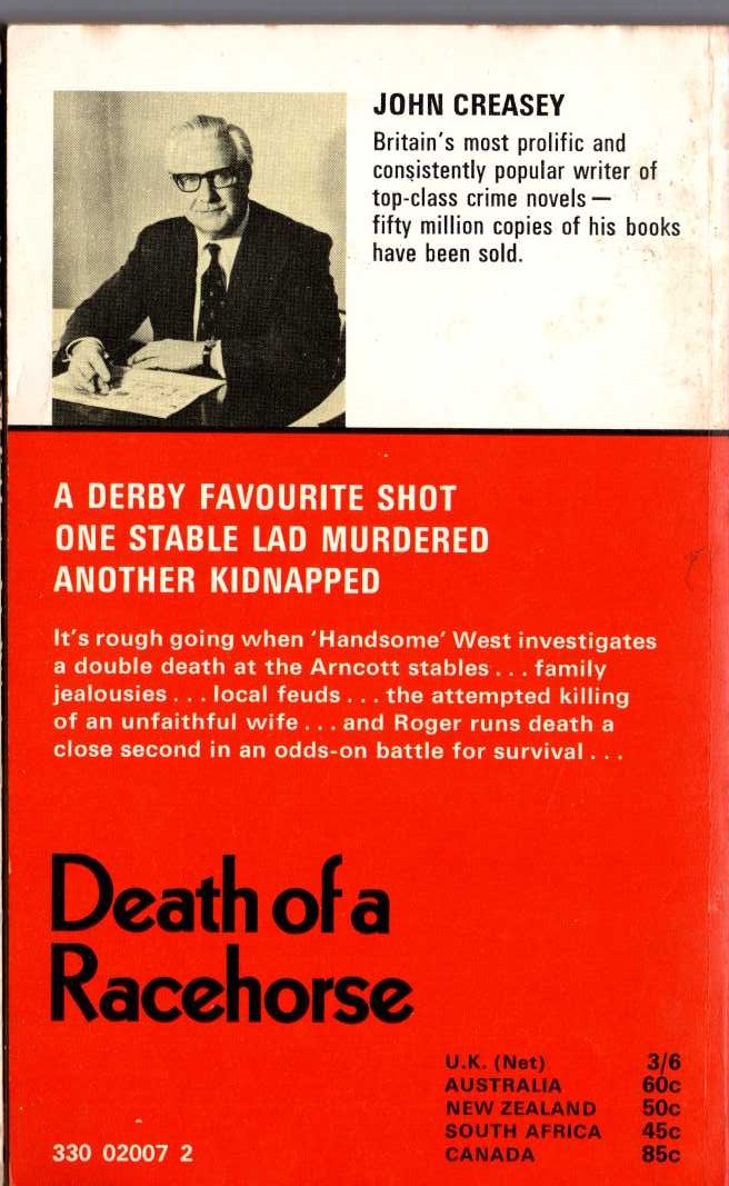 John Creasey  DEATH OF A RACEHORSE magnified rear book cover image