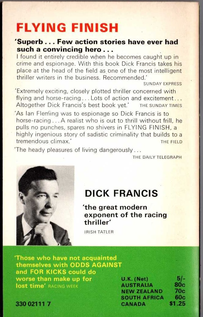 Dick Francis  FLYING FINISH magnified rear book cover image