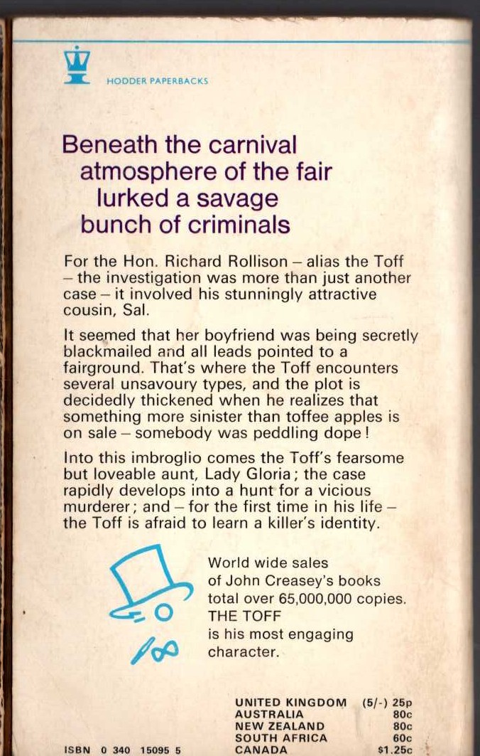 John Creasey  THE TOFF AT THE FAIR magnified rear book cover image