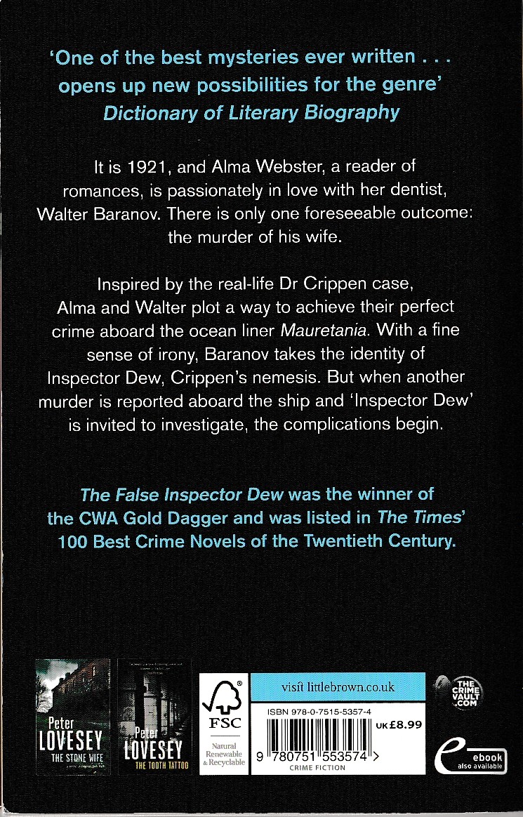 Peter Lovesey  THE FALSE INSPECTOR DEW magnified rear book cover image