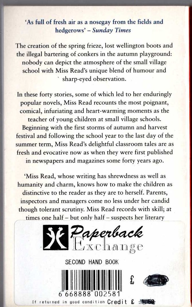 Miss Read  TALES FROM A VILLAGE SCHOOL magnified rear book cover image