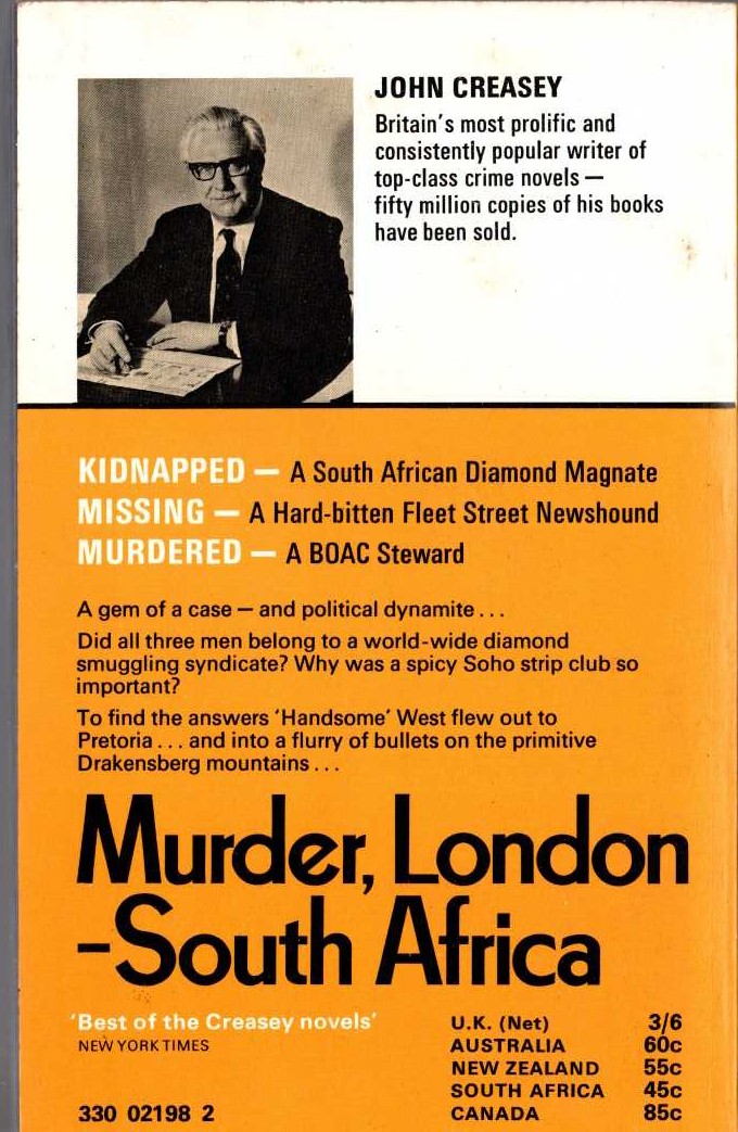 John Creasey  MURDER, LONDON - SOUTH AFRICA magnified rear book cover image