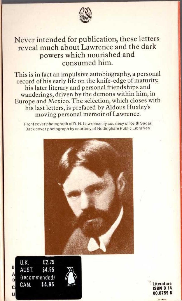 D.H. Lawrence  SELECTED LETTERS magnified rear book cover image