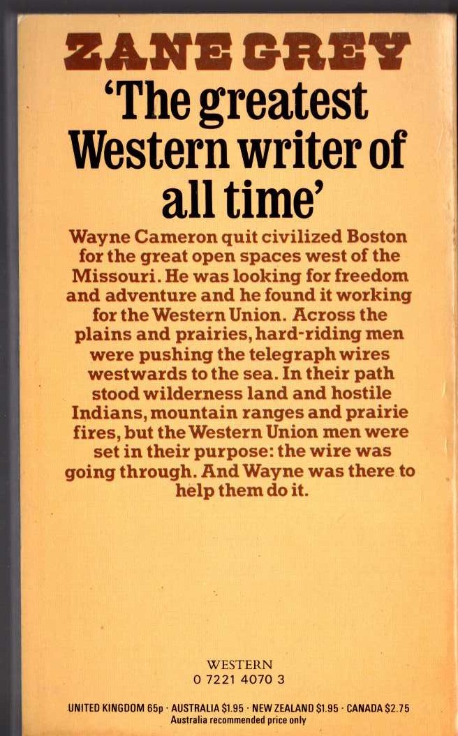 Zane Grey  WESTERN UNION magnified rear book cover image