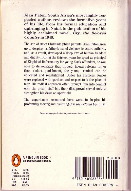 Alan Paton  TOWARDS THE MOUNTAIN (Autobiography) magnified rear book cover image