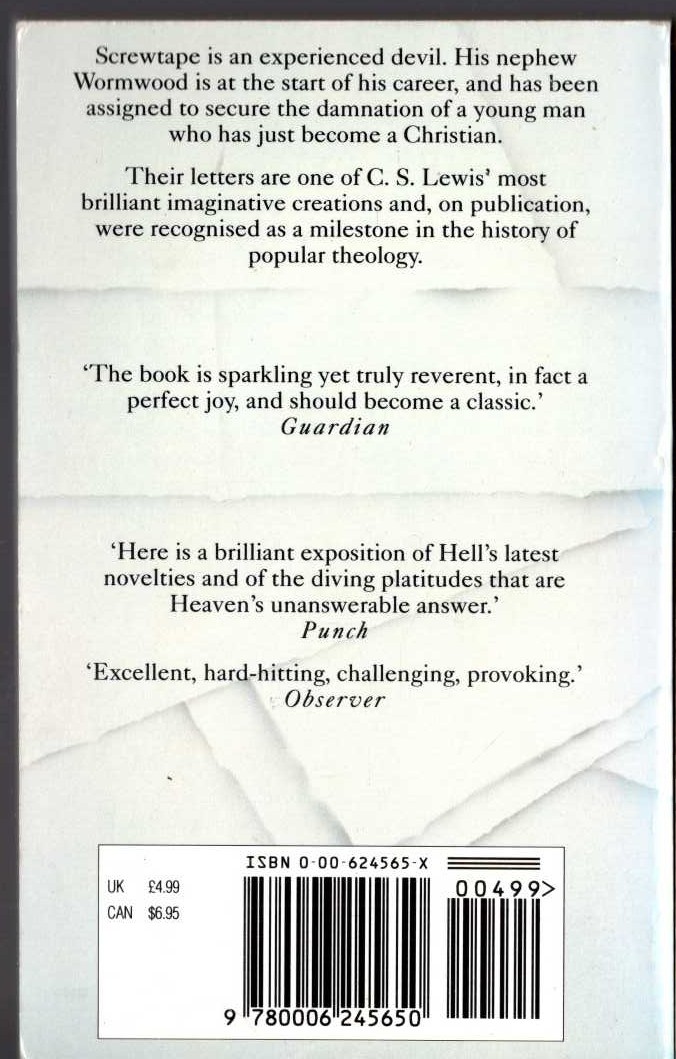 C.S. Lewis  THE SCREWTAPE LETTERS magnified rear book cover image
