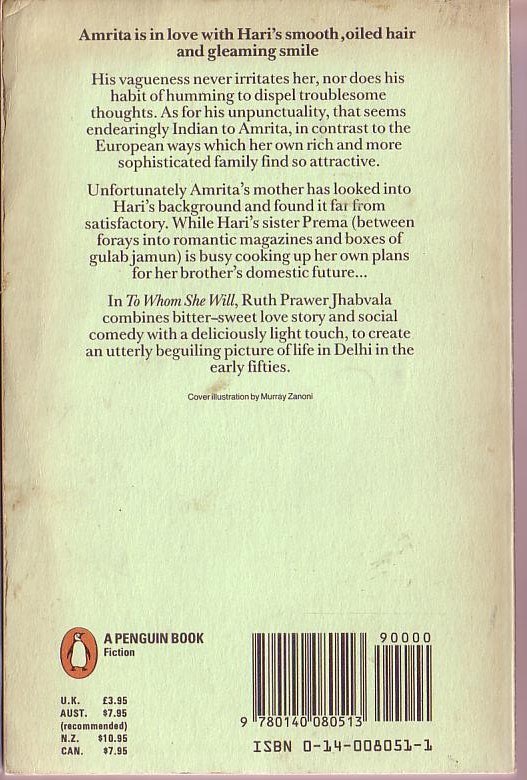 Ruth Prawer Jhabvala  TO WHOM SHE WILL magnified rear book cover image