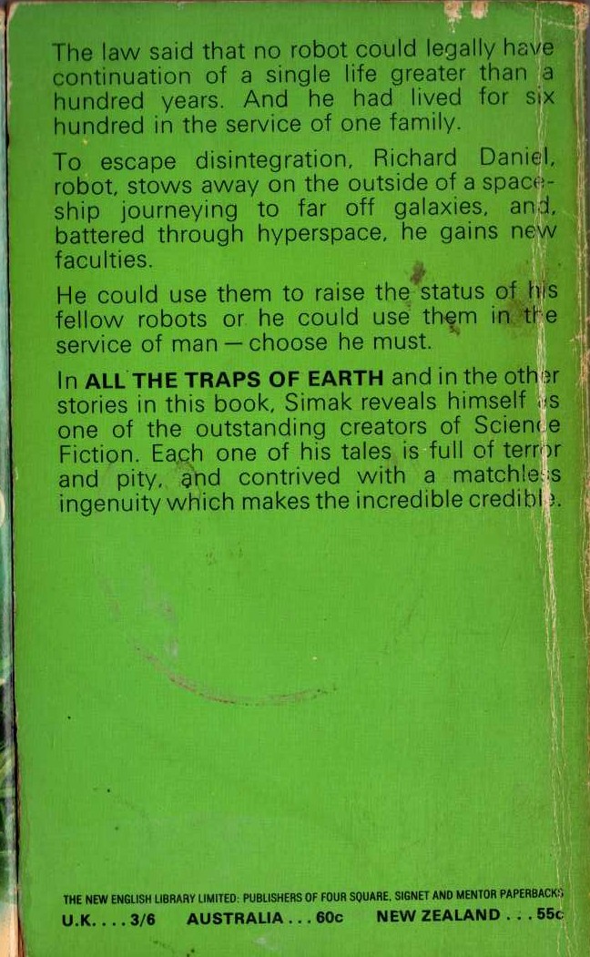 Clifford D. Simak  ALL THE TRAPS OF EARTH magnified rear book cover image