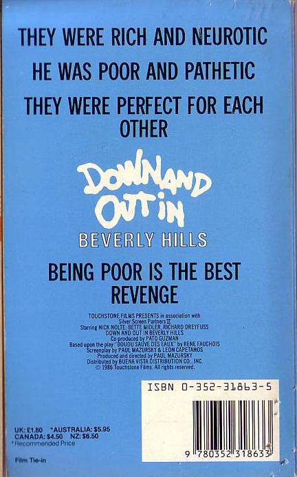 Ian Marter  DOWN AND OUT IN BEVERLEY HILLS (N.Nolte, B.Midler & R.Dreyfuss) magnified rear book cover image