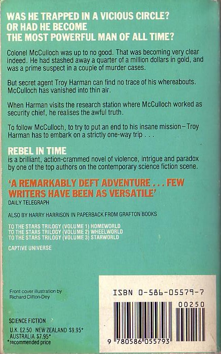 Harry Harrison  REBEL IN TIME magnified rear book cover image