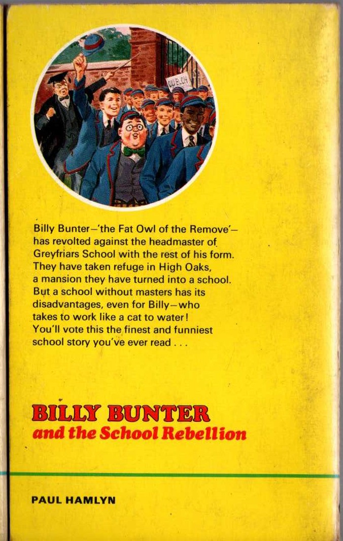 Frank Richards  BILLY BUNTER AND THE SCHOOL REBELLION magnified rear book cover image