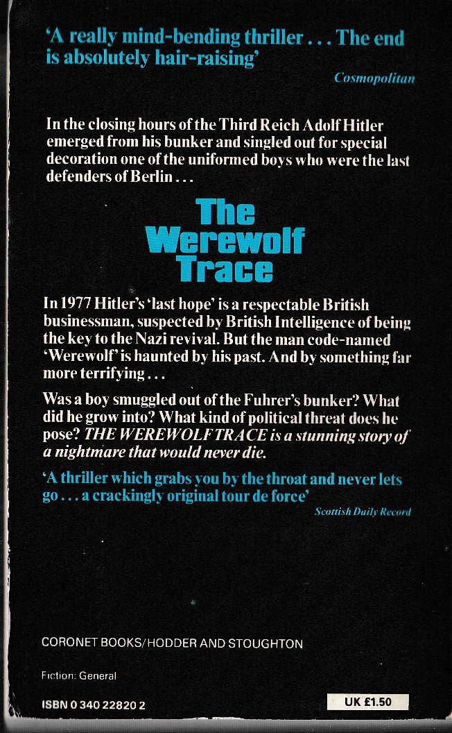 John Gardner  THE WEREWOLF TRACE magnified rear book cover image