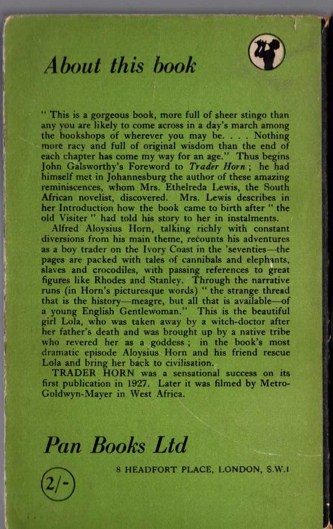John Galsworthy (foreword) TRADER HORN magnified rear book cover image