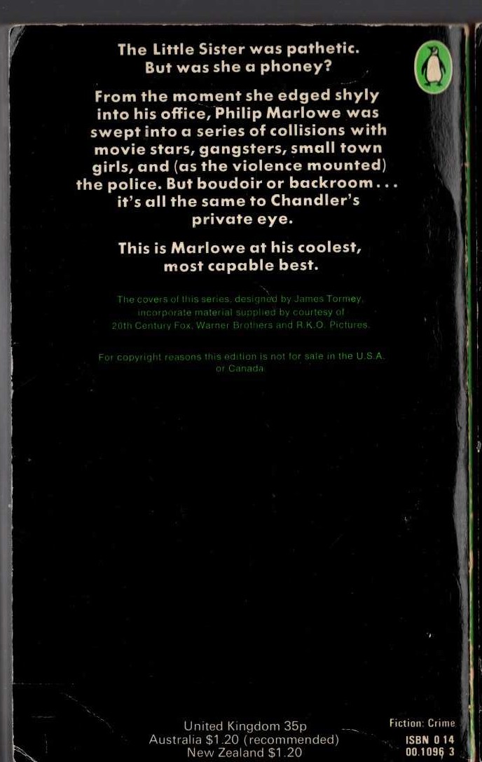 Raymond Chandler  THE LITTLE SISTER (Film tie-in) magnified rear book cover image