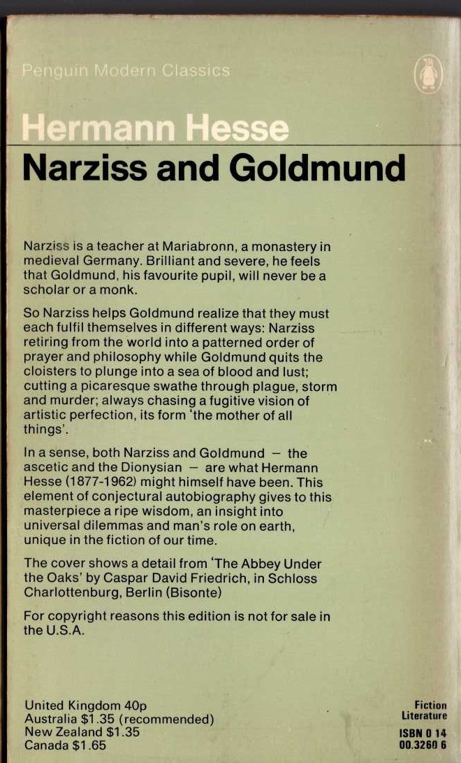 Hermann Hesse  NARZISS AND GOLDMUND magnified rear book cover image