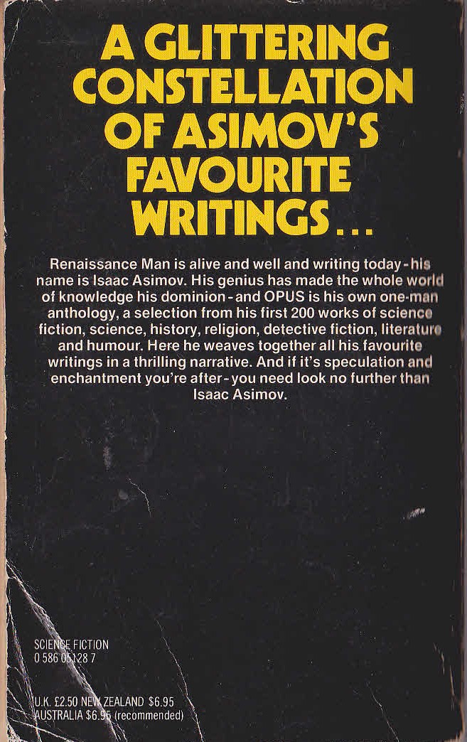 Isaac Asimov  OPUS: THE BEST OF ASAAC ASIMOV magnified rear book cover image