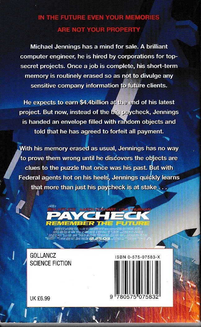 Philip K. Dick  PAYCHECK (Film tie-in) magnified rear book cover image