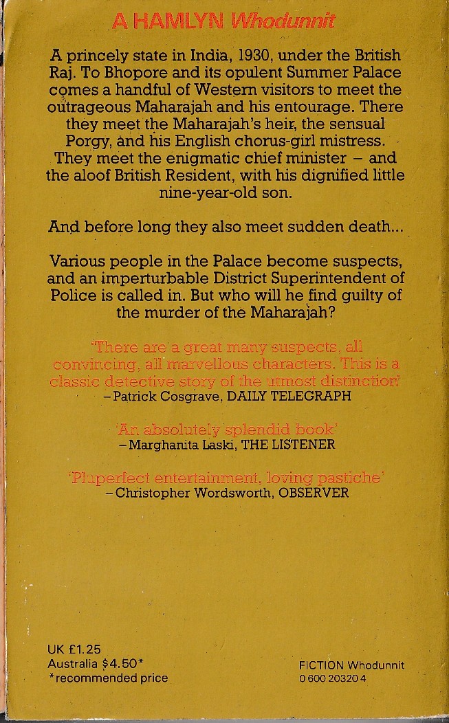 H.R.F. Keating  THE MURDER OF THE MAHARAJAH magnified rear book cover image