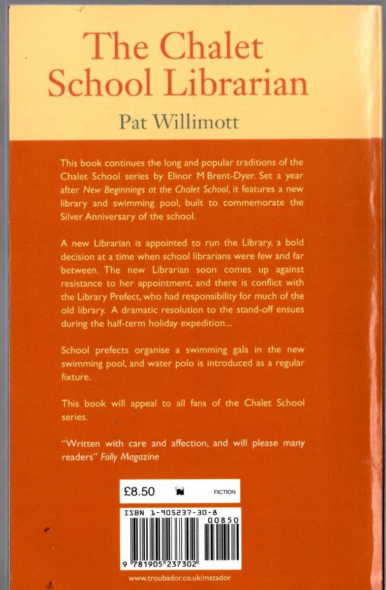 (Pat Willimott) THE CHALET SCHOOL LIBRARIAN magnified rear book cover image
