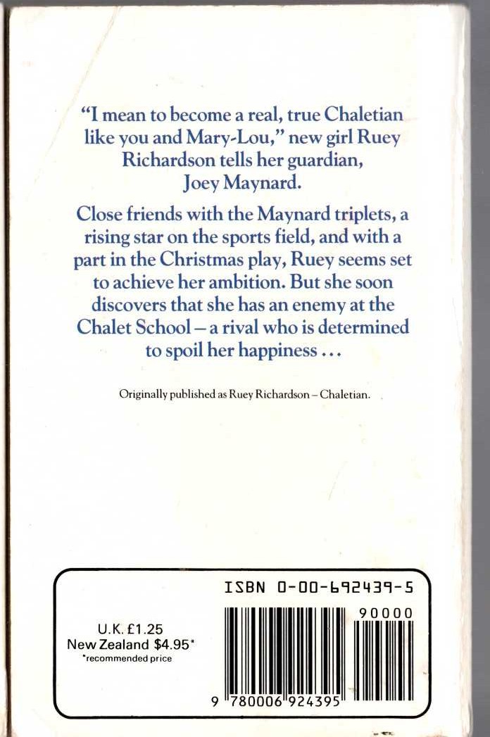 Elinor M. Brent-Dyer  RUEY RICHARDSON AT THE CHALET SCHOOL magnified rear book cover image