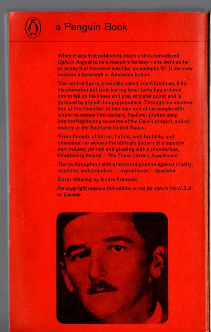 William Faulkner  LIGHT IN AUGUST magnified rear book cover image