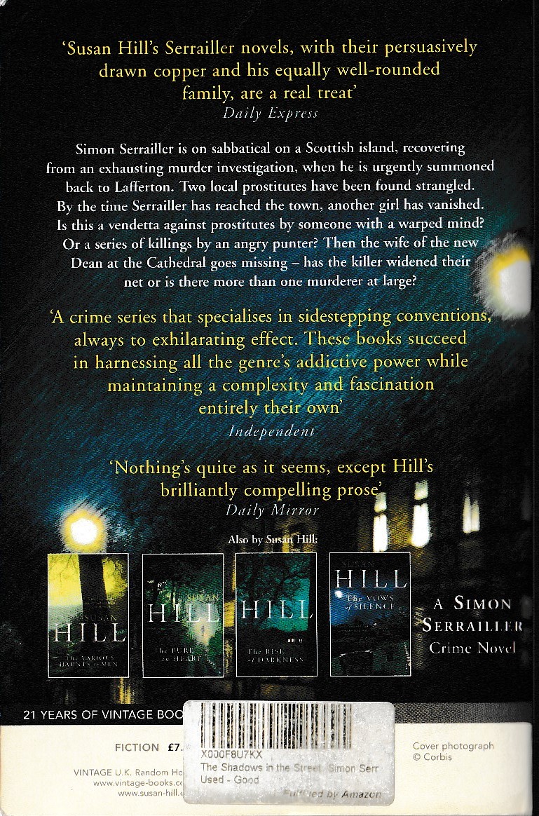 Susan Hill  THE SHADOWS IN THE STREET magnified rear book cover image