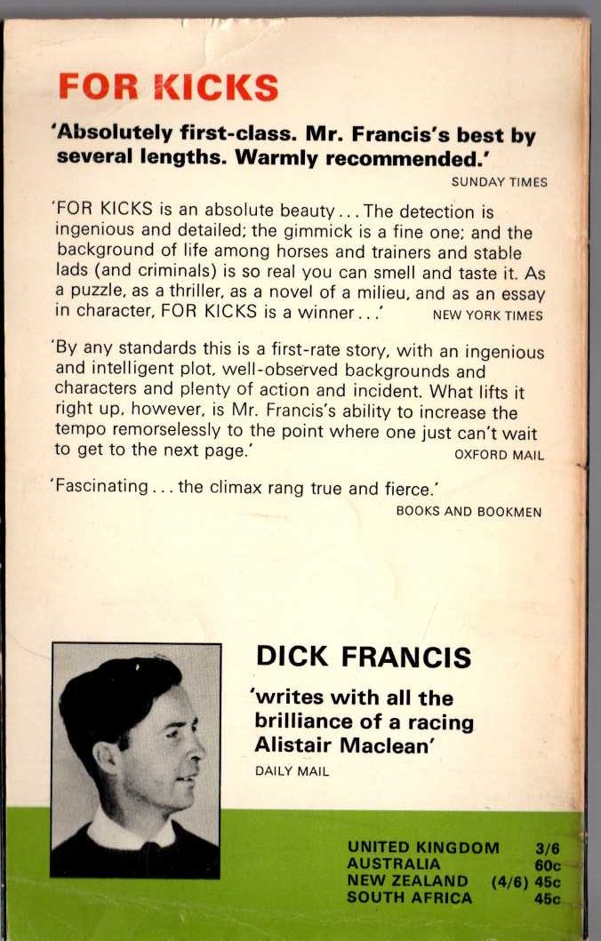 Dick Francis  FOR KICKS magnified rear book cover image
