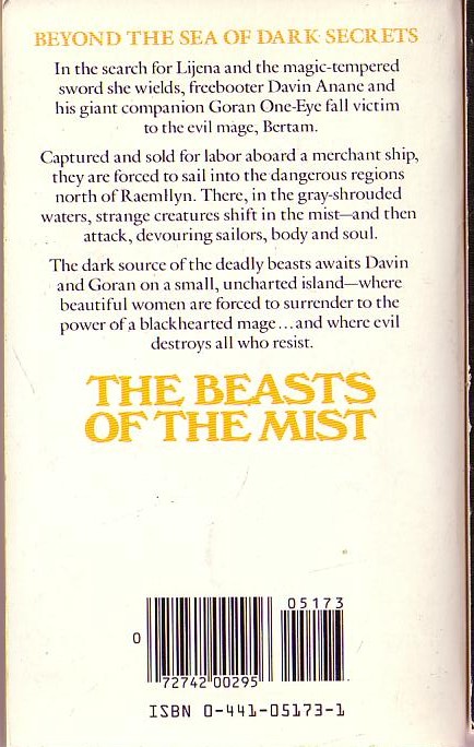 Robert E. Vardeman  THE BEASTS OF THE MIST magnified rear book cover image