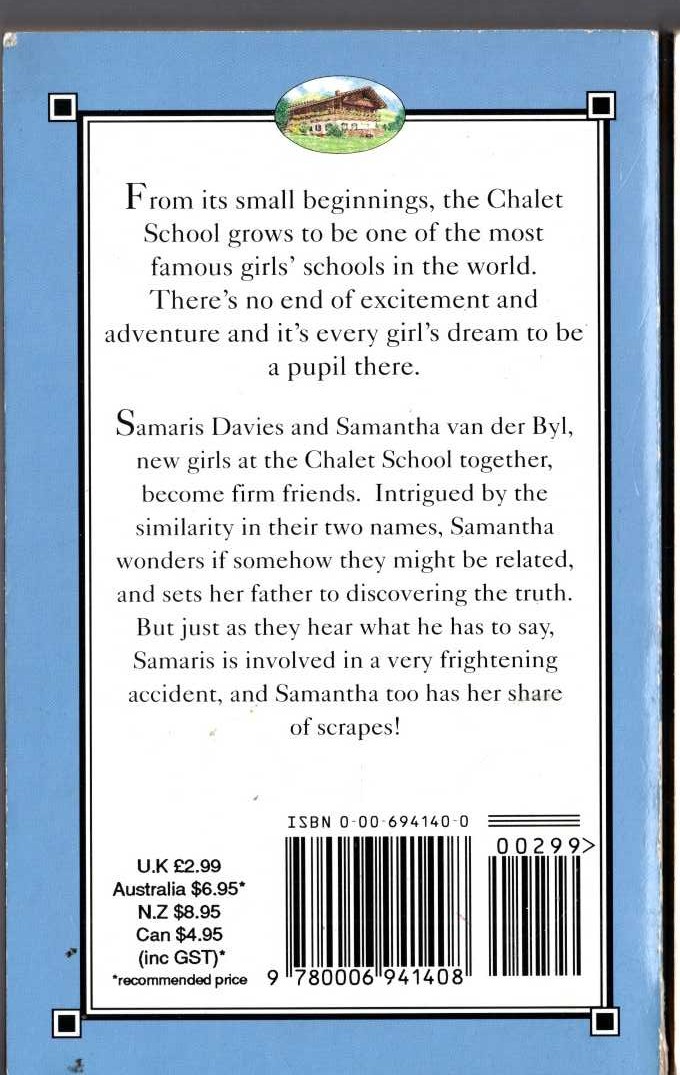 Elinor M. Brent-Dyer  TWO SAMS AT THE CHALET SCHOOL magnified rear book cover image