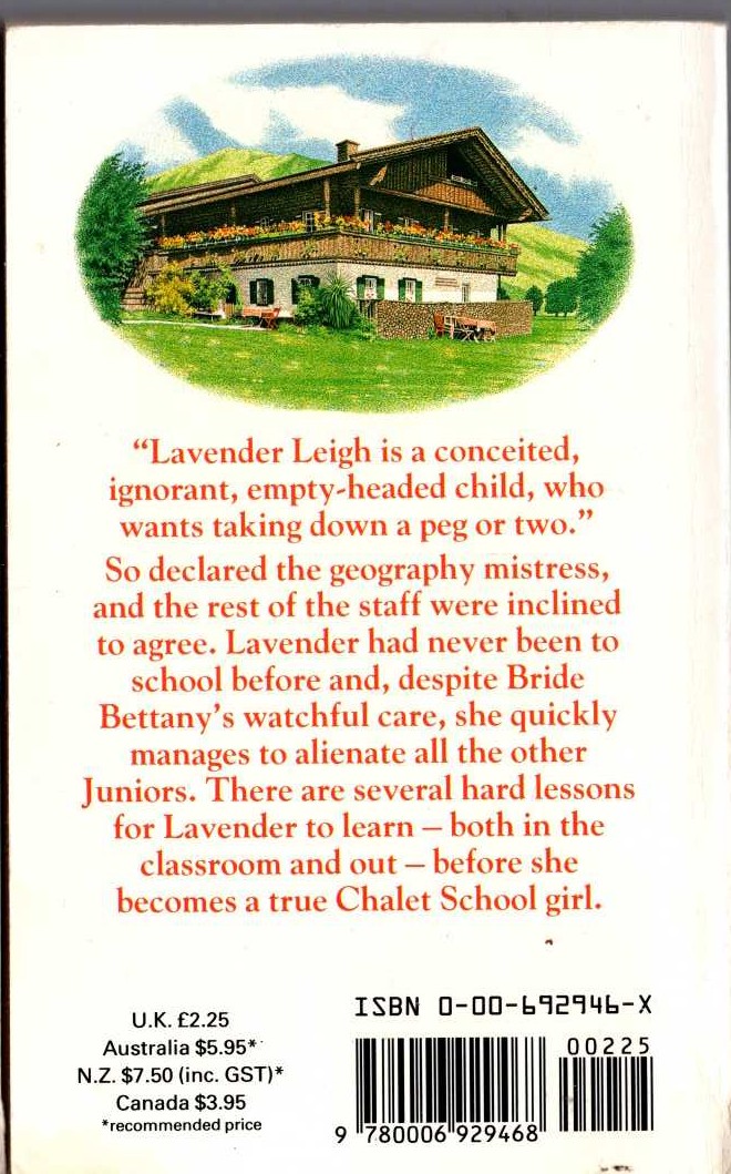 Elinor M. Brent-Dyer  LAVENDER LEIGH AT THE CHALET SCHOOL magnified rear book cover image